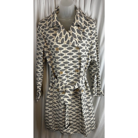 GAP‎ Double Breasted Trench Coat Belted Geo Print Button Up L Chic Vintage 58-02 - Picture 6 of 15